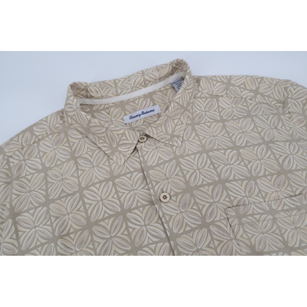 Tommy Bahama Button Up Shirt Mens XXL Tan Silk Geometric Floral 191-T323133MY